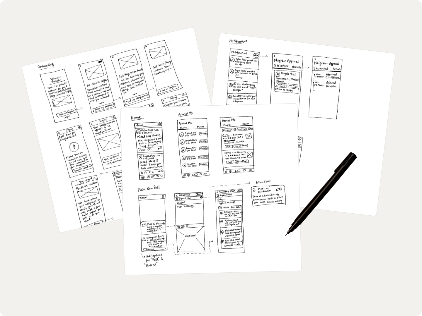 Paper sketches — onboarding, notifications, home, and post flows